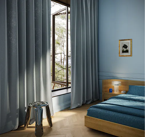Blaugraue, blickdichte Vorhänge im Schlafzimmer